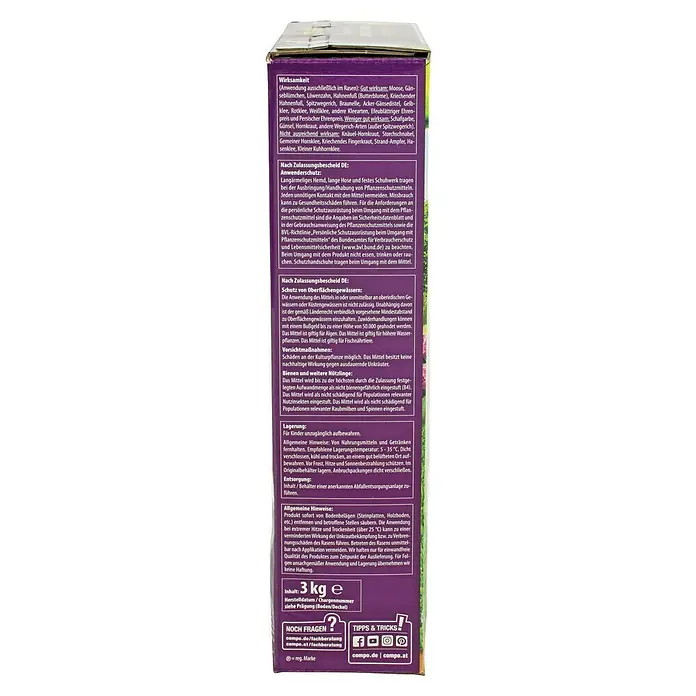 Compo Rasendünger gegen Unkraut & Moos - 3 kg - Detailansicht der Compo Rasen-Unkrautvernichter-Verpackung mit Informationen zur Wirksamkeit und Anwendung.