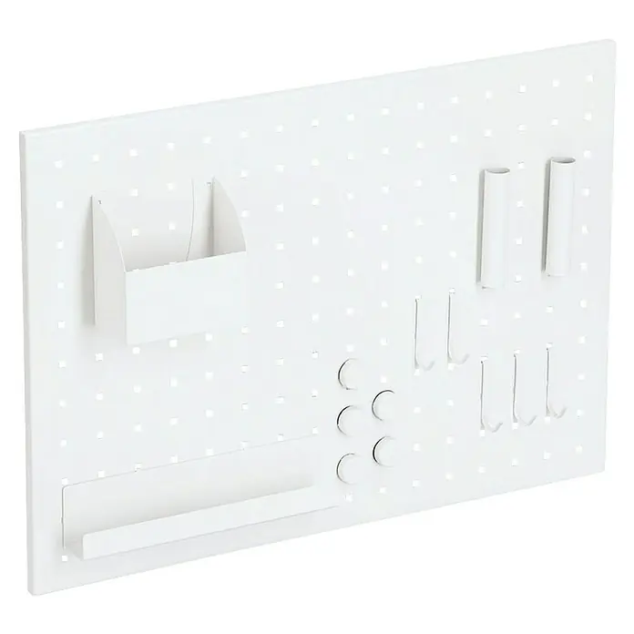 Zeller Present Memoboard mit Utensilien - 50 x 35 cm, Metall, Weiß - Eine weiße Lochplatte mit verschiedenen Werkzeughalterungen, ideal zur Organisation von Werkzeugen und kleinen Gegenständen.