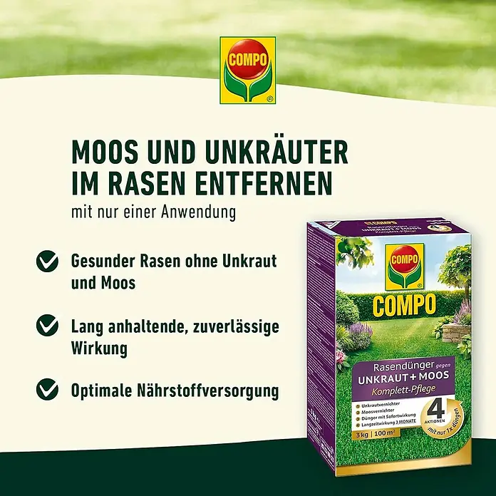 Compo Rasendünger gegen Unkraut & Moos - 3 kg - COMPO Rasendünger gegen Unkraut und Moos Komplett-Pflege für einen gesunden Rasen ohne Unkraut und Moos mit Langzeitwirkung.