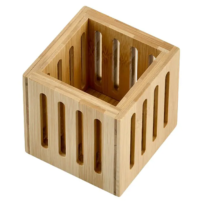 Zeller Present Schreibtisch-Organizer Stiftehalter - 8 x 8 x 8 cm, Bambus, Natur - Ein quadratischer Utensilienhalter aus Bambusholz mit vertikalen Schlitzen, ideal für die Organisation von Küchenutensilien oder Büromaterialien.