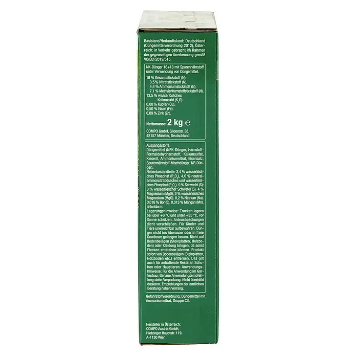 Compo Langzeitdünger Koniferen - 2 kg - Abgebildet ist die Rückseite der COMPO NK-Dünger-Verpackung (2 kg). Sie enthält wichtige Informationen zu Inhaltsstoffen, Anwendung und Lagerung.