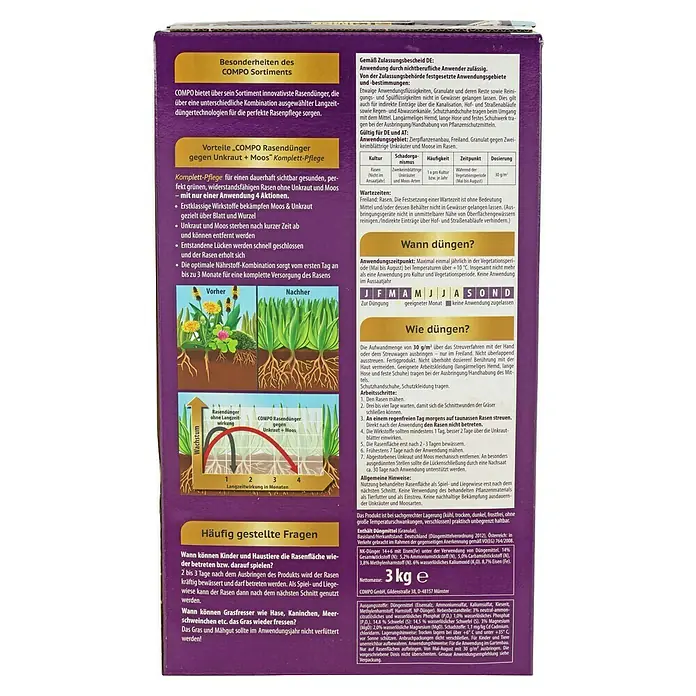Compo Rasendünger gegen Unkraut & Moos - 3 kg - COMPO Rasendünger gegen Unkraut und Moos. Der Rasendünger sorgt für einen gesunden Rasen ohne Unkraut und Moos. Mit nur einer Anwendung und 4 Aktionen.