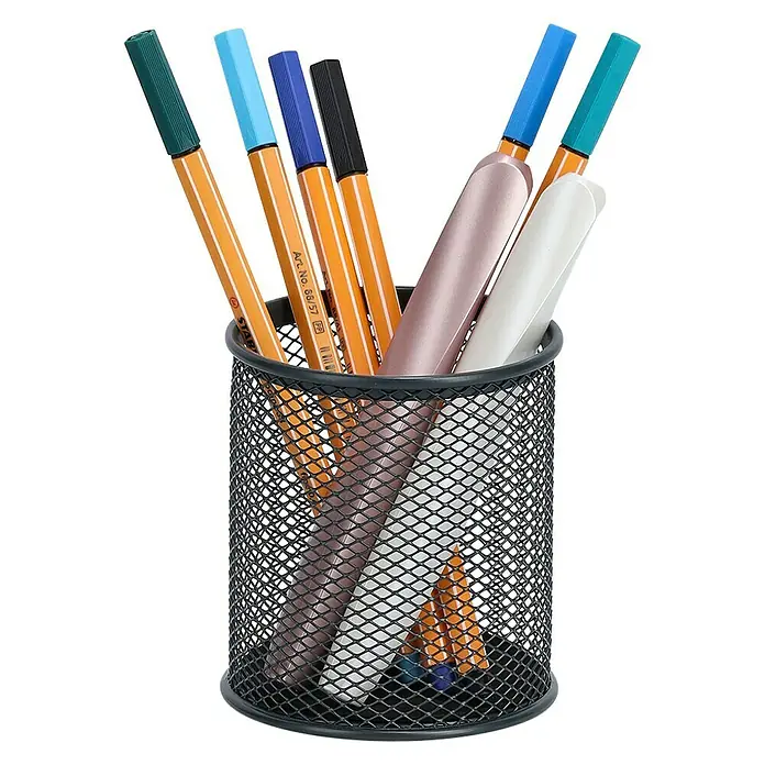 Zeller Present Schreibtisch-Organizer Utensilienbecher Mesh - Ø x H: 8 x 9,5 cm, Metall, Anthrazit - Stiftehalter aus Metallgeflecht mit bunten Stiften und zwei E-Zigaretten.\n