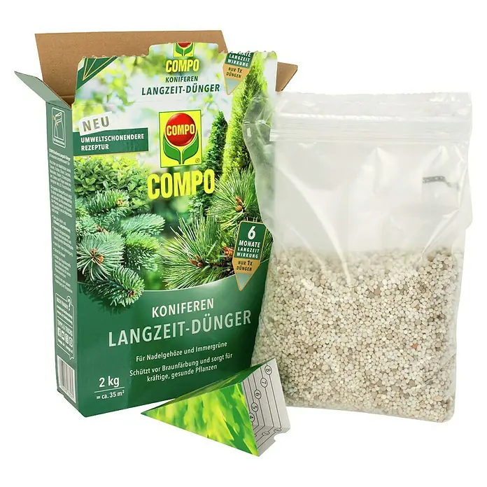 Compo Langzeitdünger Koniferen - 2 kg - Produktansicht von COMPO Koniferen Langzeit-Dünger. Der Dünger verspricht eine Langzeitwirkung von 6 Monaten für kräftige Pflanzen.