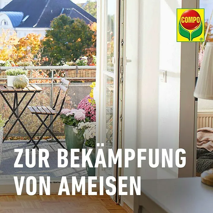 Compo Ameisenköder - 2 Stk. - Das COMPO Produkt zur Bekämpfung von Ameisen wird auf einem sonnigen Balkon mit Tisch und Blumen beworben.