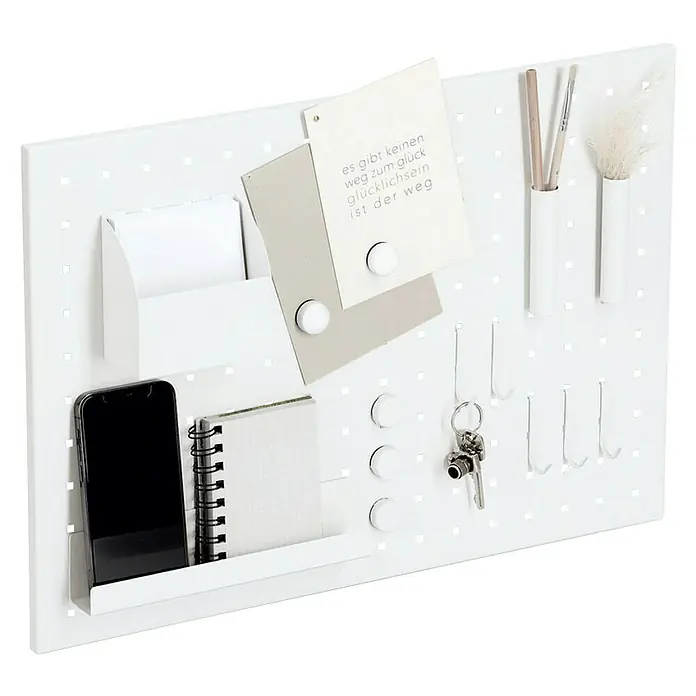 Zeller Present Memoboard mit Utensilien - 50 x 35 cm, Metall, Weiß - Weiße Lochplatte mit diversen Utensilien wie Handy, Notizbuch und Stiften.