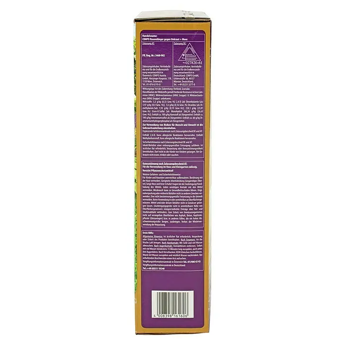 Compo Rasendünger gegen Unkraut & Moos - 3 kg - Etikett der COMPO Rasendünger-Verpackung gegen Unkraut und Moos, das Informationen zu Inhaltsstoffen, Anwendung und Sicherheitshinweisen bietet.