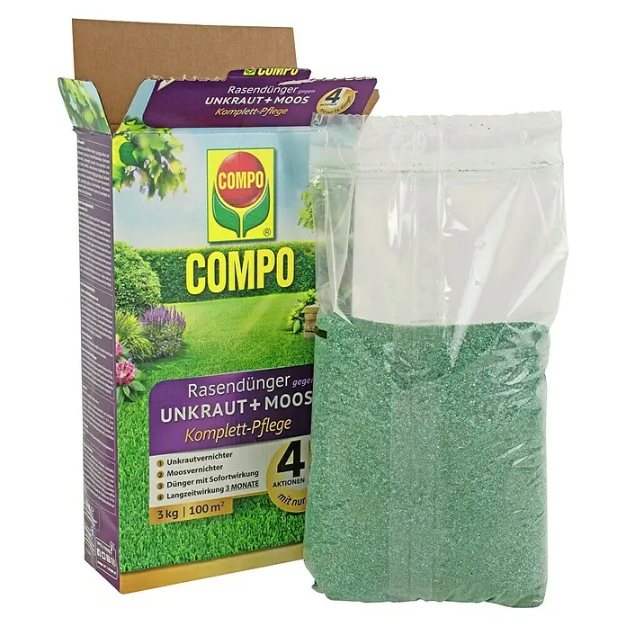 Compo Rasendünger gegen Unkraut & Moos - 3 kg - Compo Rasendünger gegen Unkraut und Moos Komplett-Pflege, eine Komplettlösung für einen gesunden und gepflegten Rasen in einer 3 kg Packung.