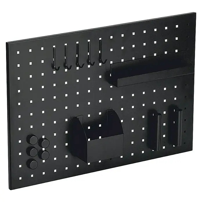 Zeller Present Memoboard mit Utensilien - 50 x 35 cm, Metall, Schwarz - Schwarze Lochplattenwand mit Haken, Regalen, Behälter und Knöpfen zur Aufbewahrung von Werkzeugen und Zubehör im Haushalt oder in der Werkstatt.