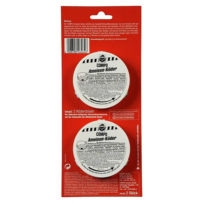 Compo Ameisenköder - 2 Stk. - COMPO Ameisen-Köder Produktverpackung. Enthält zwei Köderdosen zur effektiven Ameisenbekämpfung im Haus und Garten.