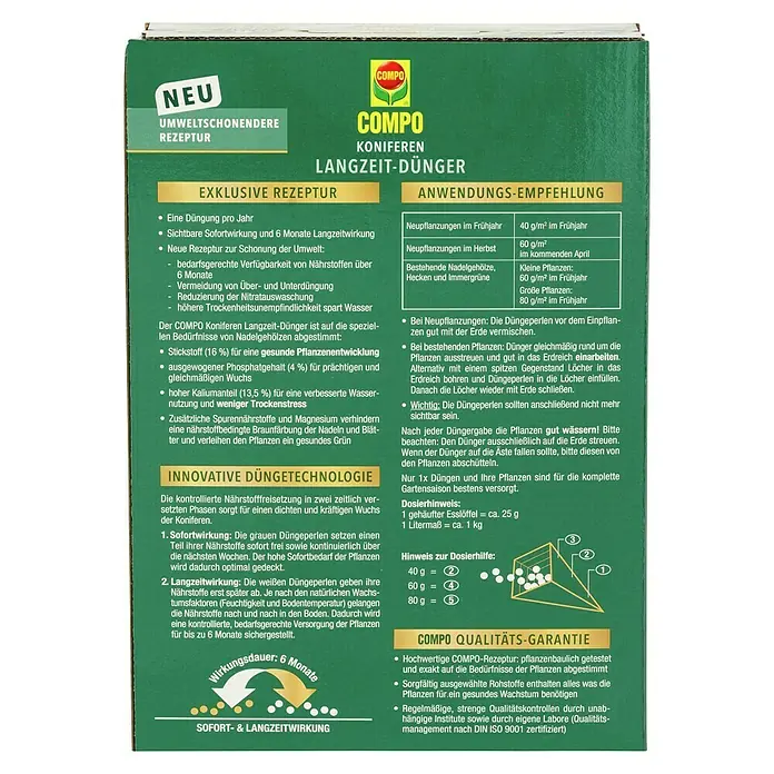 Compo Langzeitdünger Koniferen - 2 kg - COMPO Koniferen Langzeit-Dünger: Exklusive Rezeptur für eine umweltschonende Düngung von Nadelbäumen, mit Sofort- und Langzeitwirkung für 6 Monate.
