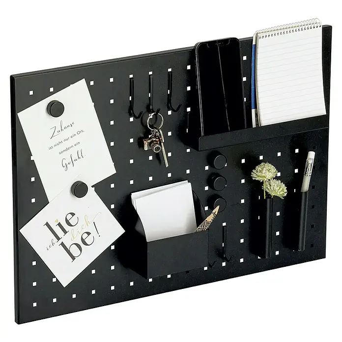 Zeller Present Memoboard mit Utensilien - 50 x 35 cm, Metall, Schwarz - Eine vielseitige, schwarze Lochwand zur Organisation von Büroartikeln, Notizen und Schlüsseln. Ideal für Ordnung und Übersicht.