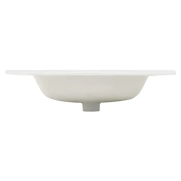 LuxeBath Einbauwaschbecken 61x46x16,5 cm Weiß mit Überlauf - Mit Überlauf, Weiß - Nahaufnahme eines weißen Keramikwaschbeckens mit Ablauf, das sich ideal für Badezimmer oder Gästetoiletten eignet.