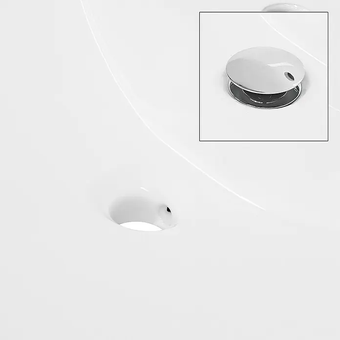 LuxeBath Einbauwaschbecken 61x46x16,5 cm Weiß mit Überlauf - Mit Überlauf, Weiß - Nahaufnahme eines weißen Waschbeckens mit einem glänzenden Abflussstopfen. Das minimalistische Design betont die saubere Ästhetik.