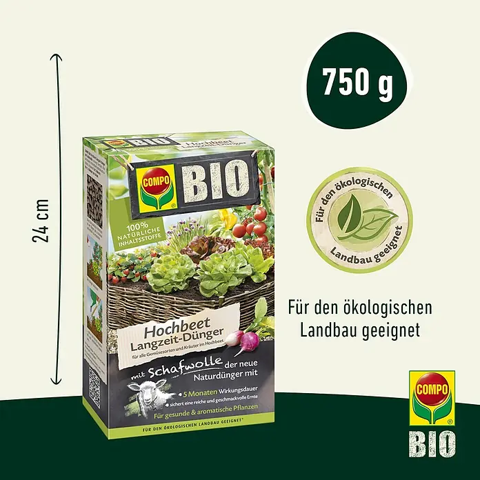 Compo Bio-Schafwolldünger Hochbeet - 750 g, Hochbeet - Produktbild von COMPO BIO Hochbeet Langzeit-Dünger mit Schafwolle, einem organischen Naturdünger für gesunde Pflanzen im Hochbeet, 750g.