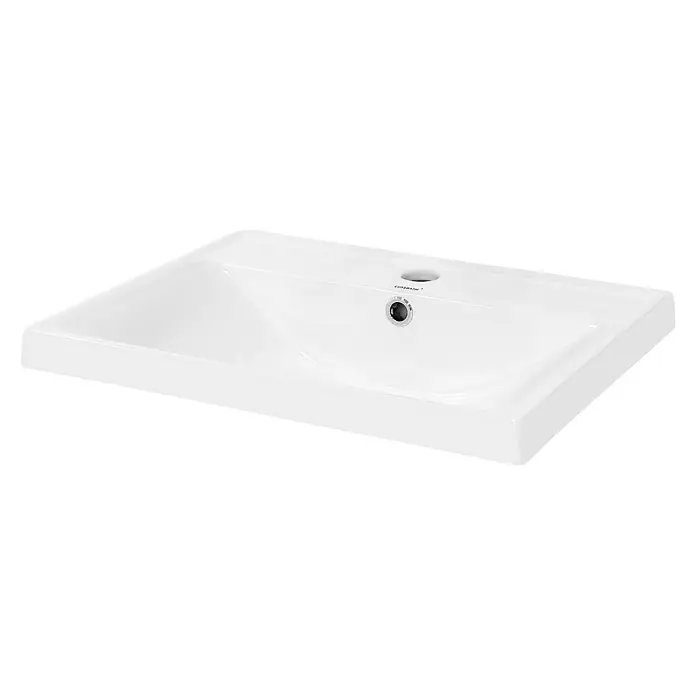LuxeBath Einbauwaschbecken Waschtisch Aufsatzwaschbecken aus Keramik für Badezimmer / Gäste-WC - Mit Überlauf, Weiß - Eine elegante, rechteckige Aufsatzwaschbecken-Keramik in strahlendem Weiß mit einem mittigen Abfluss und Überlauf für ein modernes Badezimmer.