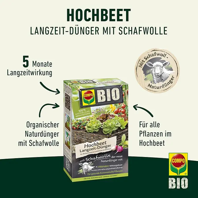 Compo Bio-Schafwolldünger Hochbeet - 750 g, Hochbeet - COMPO BIO Hochbeet Langzeit-Dünger mit Schafwolle für eine langanhaltende und natürliche Düngung im Hochbeet.