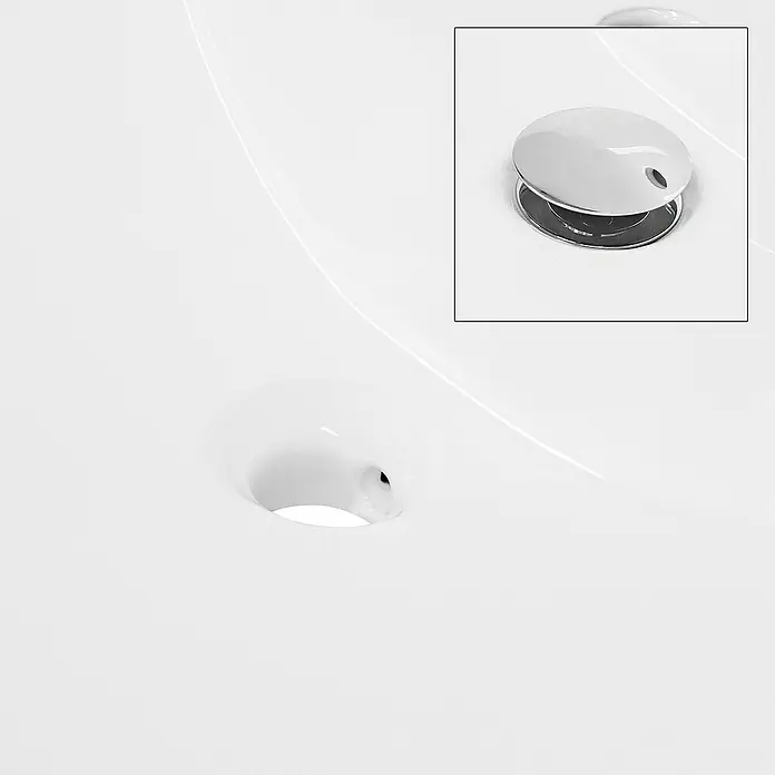 LuxeBath Einbauwaschbecken Waschtisch Aufsatzwaschbecken aus Keramik für Badezimmer / Gäste-WC - Mit Überlauf, Weiß - Bild einer weißen Spüle mit Abfluss und Überlaufschutz. Die elegante Gestaltung betont die Funktionalität und das moderne Design des Waschbeckens.