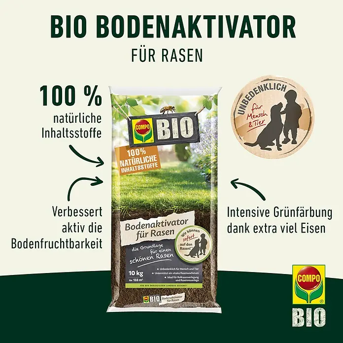 Compo Bodenaktivator Für Rasen - 10 kg, Max. Anwendungsfläche: 133 m² - COMPO BIO Bodenaktivator für Rasen: 100% natürliche Inhaltsstoffe für intensive Grünfärbung und gesunde Bodenfruchtbarkeit.