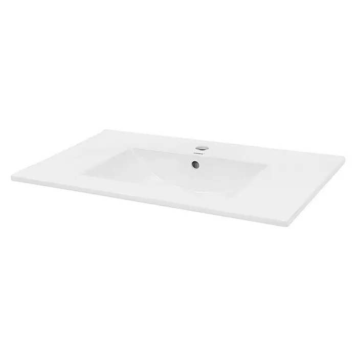 LuxeBath Einbauwaschbecken Aufsatzwaschtisch Weiß inkl. Ablaufgarnitur mit Überlauf Waschschale - Mit Überlauf, Weiß - Nahaufnahme eines weißen Waschbeckens. Das moderne Design und die glatte Oberfläche machen es zu einem stilvollen Blickfang.