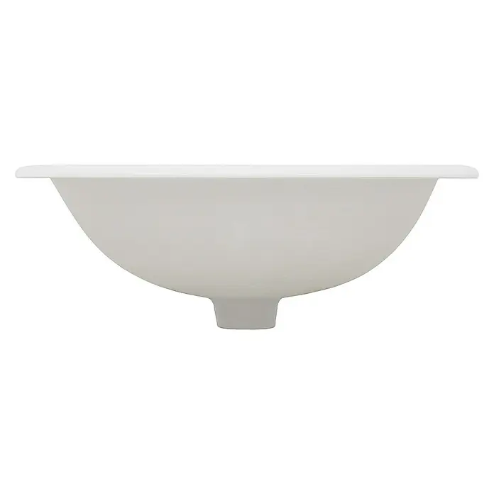 LuxeBath Einbauwaschbecken Waschtisch Aufsatzwaschbecken aus Keramik für Badezimmer / Gäste-WC - Mit Überlauf, Weiß - Nahaufnahme eines weißen Waschbeckens mit rundem Becken und einem schlanken Abflussanschluss. Perfekt für moderne Badezimmerdesigns.
