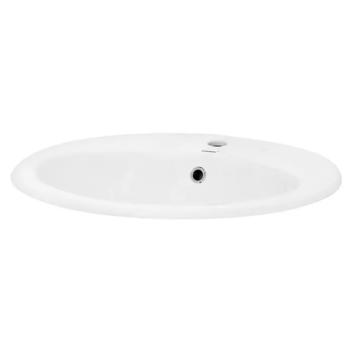 LuxeBath Einbauwaschbecken Waschtisch Aufsatzwaschbecken aus Keramik für Badezimmer / Gäste-WC - Mit Überlauf, Weiß - Draufsicht auf ein ovales, weißes Waschbecken mit Überlauf und Ablauf für das Badezimmer oder die Gästetoilette.