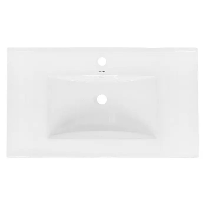 LuxeBath Einbauwaschbecken Aufsatzwaschtisch Weiß inkl. Ablaufgarnitur mit Überlauf Waschschale - Mit Überlauf, Weiß - Das Foto zeigt ein Waschbecken aus Keramik mit einem modernen, minimalistischen Design und einer glatten, weißen Oberfläche. Ideal für ein stilvolles Badezimmer.