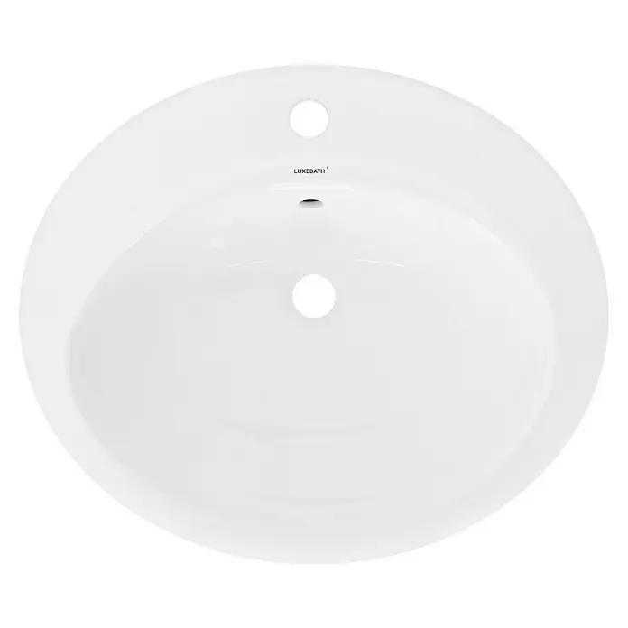 LuxeBath Einbauwaschbecken Waschtisch Aufsatzwaschbecken aus Keramik für Badezimmer / Gäste-WC - Mit Überlauf, Weiß - Ein Waschbecken der Marke LUXEBATH in strahlendem Weiß, mit zwei Löchern für Armaturen und einem Ablauf in der Mitte.