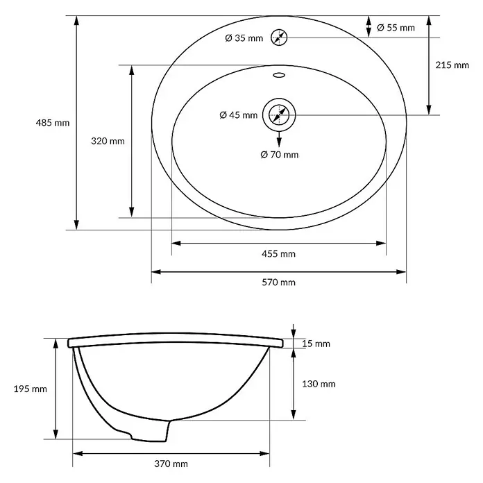 LuxeBath Einbauwaschbecken Waschtisch Aufsatzwaschbecken aus Keramik für Badezimmer / Gäste-WC - Mit Überlauf, Weiß - Technische Zeichnung eines Waschbeckens mit Maßen.