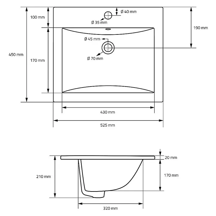 LuxeBath Einbauwaschbecken Handwaschbecken Weiß inkl. Ablaufgarnitur mit Überlauf - 45 x 52,5 cm, Mit Überlauf, Weiß - Technische Zeichnung eines Waschbeckens mit Maßangaben zu Durchmesser, Höhe und Breite für Installationszwecke.