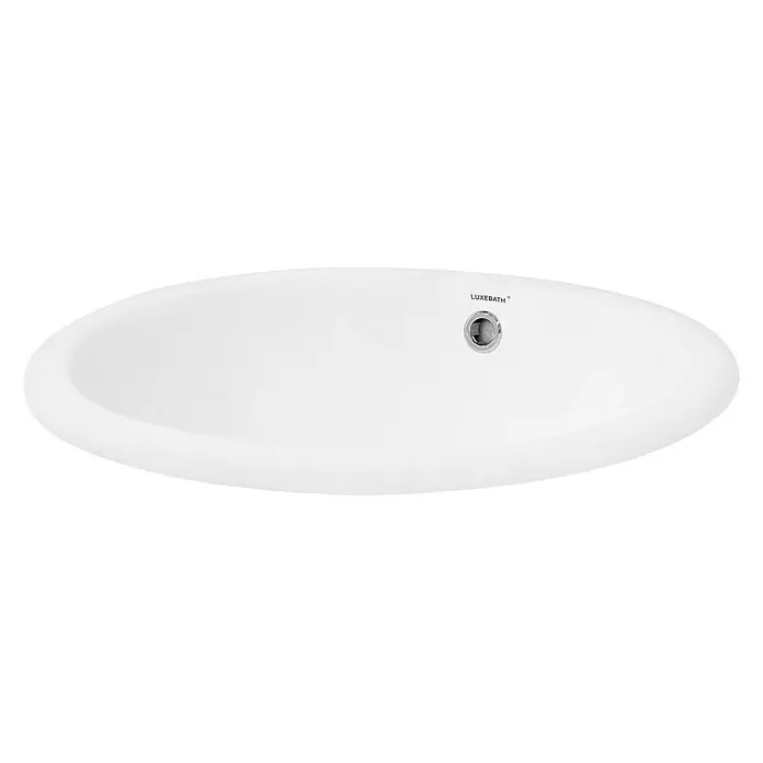 LuxeBath Einbauwaschbecken Waschtisch Aufsatzwaschbecken aus Keramik für Badezimmer / Gäste-WC - Mit Überlauf, Weiß - Ein weißes Waschbecken von Luxebath, das sich ideal für moderne Badezimmer eignet und durch sein elegantes, ovales Design besticht.