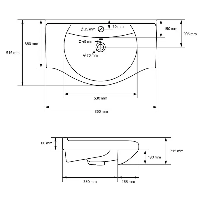 LuxeBath Einbauwaschbecken Waschtisch Aufsatzwaschbecken aus Keramik für Badezimmer / Gäste-WC - Mit Überlauf, Weiß - Technische Zeichnung eines Waschbeckens mit allen Maßen und Details für die Installation.