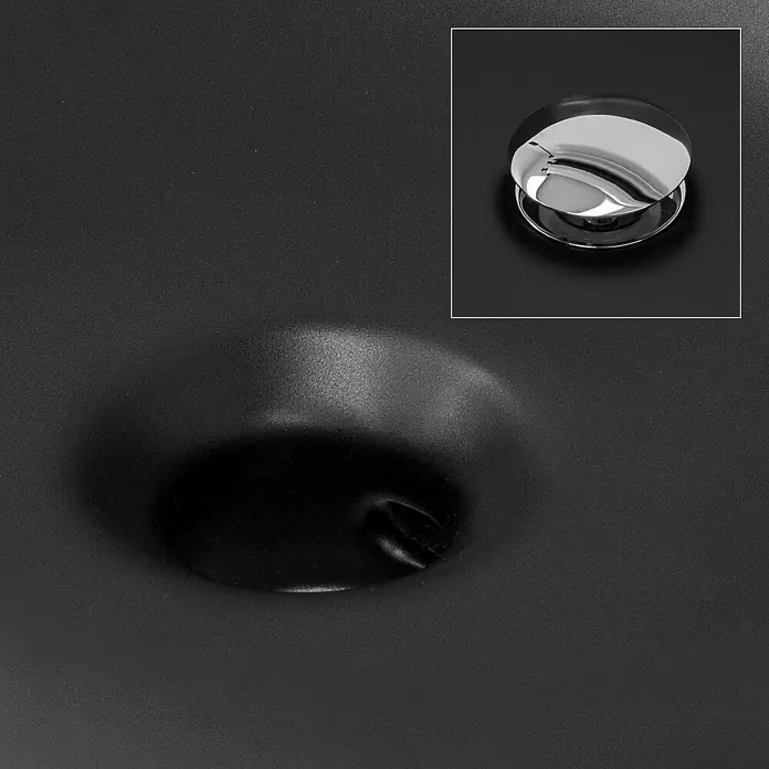 LuxeBath Einbauwaschbecken Waschtisch Aufsatzwaschbecken aus Keramik für Badezimmer / Gäste-WC - 48,5 x 57 cm, Mit Überlauf, Schwarz - Nahaufnahme eines modernen schwarzen Waschbeckens mit einem glänzenden Chromstöpsel in einer kleinen quadratischen Darstellung.