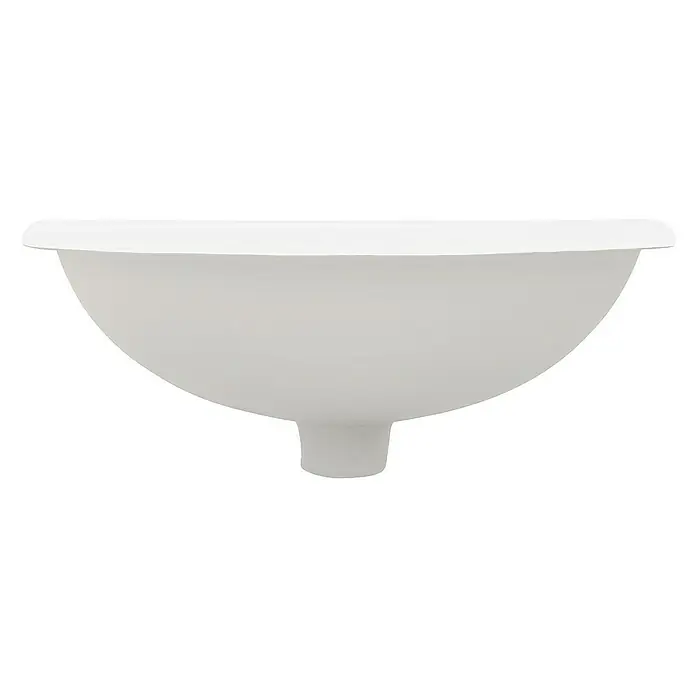 LuxeBath Einbauwaschbecken Handwaschbecken Weiß inkl. Ablaufgarnitur mit Überlauf - Mit Überlauf, Weiß - Nahaufnahme eines weißen Waschbeckens mit einem breiten, flachen Rand und einem glatten, bauchigen Design.