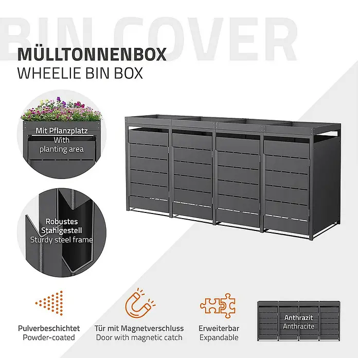 ML-Design Mülltonnenbox Mülltonnencontainer mit Pflanzdach für 4 Tonnen 120 oder 240 Liter - 80 x 80 cm, Stahl, Anthrazit, Geeignet für Anzahl Mülltonnen: 4 Stk. - Abbildung einer Mülltonnenbox aus robustem Stahlgestell, pulverbeschichtet und erweiterbar, mit Tür mit Magnetverschluss und Pflanzplatz.
