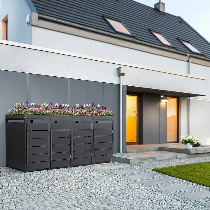 ML-Design Mülltonnenbox Mülltonnencontainer mit Pflanzdach für 4 Tonnen 120 oder 240 Liter - 80 x 80 cm, Stahl, Anthrazit, Geeignet für Anzahl Mülltonnen: 4 Stk. - Diese stilvolle Mülltonnenbox mit Pflanzbeet bietet eine elegante Lösung zur Aufbewahrung von Mülltonnen im Außenbereich.