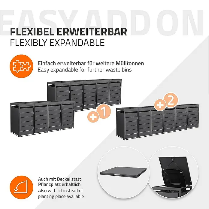 ML-Design Mülltonnenbox Mülltonnencontainer mit Pflanzdach für 4 Tonnen 120 oder 240 Liter - 80 x 80 cm, Stahl, Anthrazit, Geeignet für Anzahl Mülltonnen: 4 Stk. - Bild einer flexibel erweiterbaren Mülltonnenbox mit optionalem Deckel statt Pflanzplatz.