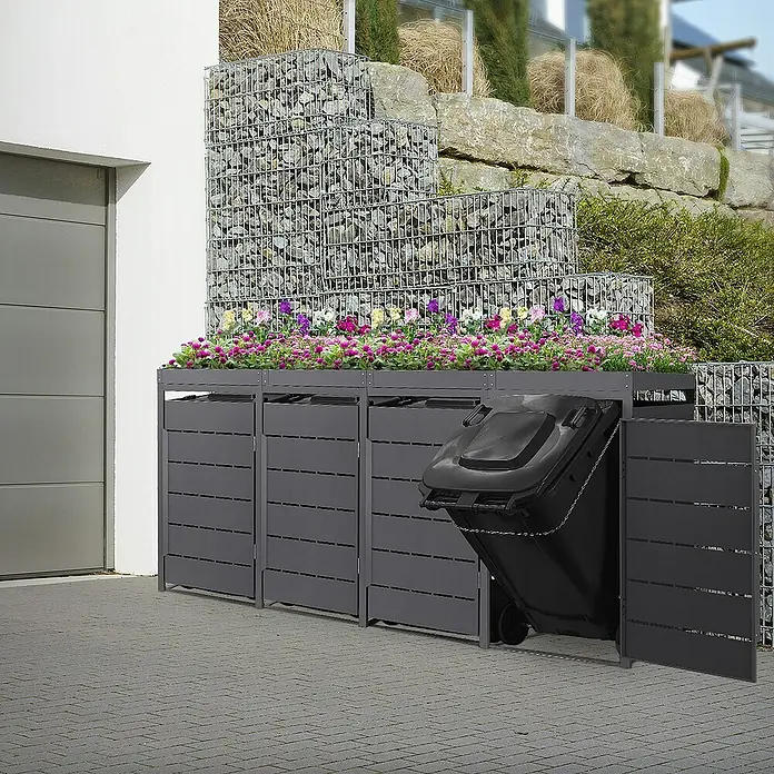 ML-Design Mülltonnenbox Mülltonnencontainer mit Pflanzdach für 4 Tonnen 120 oder 240 Liter - 80 x 80 cm, Stahl, Anthrazit, Geeignet für Anzahl Mülltonnen: 4 Stk. - Mülltonnenbox aus Metall mit Bepflanzung. Die Box bietet eine stilvolle Möglichkeit, Mülltonnen zu verbergen und gleichzeitig zu verschönern.