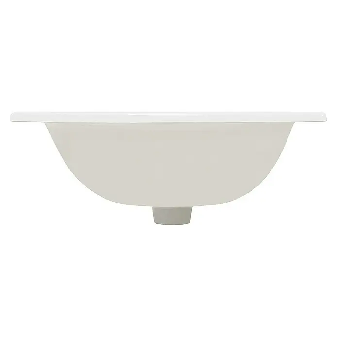 LuxeBath Einbauwaschbecken Waschtisch Aufsatzwaschbecken aus Keramik für Badezimmer / Gäste-WC - 45 x 52,5 cm, Mit Überlauf, Weiß - Nahaufnahme eines Waschbeckens aus Keramik in sanften Weißtönen, das durch seine geschwungenen Formen und die schlichte Eleganz besticht.