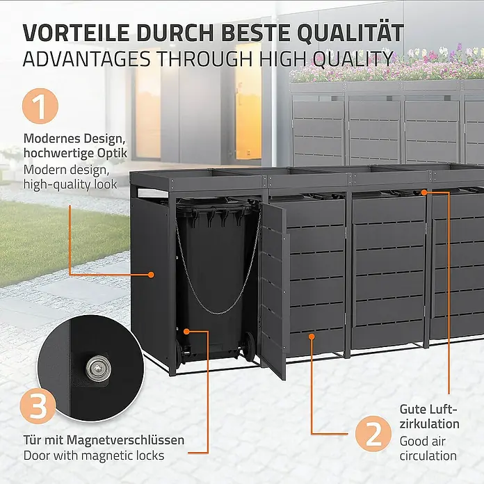 ML-Design Mülltonnenbox Mülltonnencontainer mit Pflanzdach für 4 Tonnen 120 oder 240 Liter - 80 x 80 cm, Stahl, Anthrazit, Geeignet für Anzahl Mülltonnen: 4 Stk. - Mülltonnenbox mit Vorteilen durch beste Qualität und Magnetverschlüssen für gute Luftzirkulation und modernes Design.