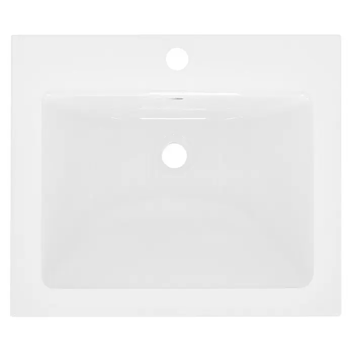 LuxeBath Einbauwaschbecken Waschtisch Aufsatzwaschbecken aus Keramik für Badezimmer / Gäste-WC - 45 x 52,5 cm, Mit Überlauf, Weiß - Draufsicht auf ein weißes Waschbecken mit rechteckiger Form und zwei Löchern für Armatur und Ablauf.