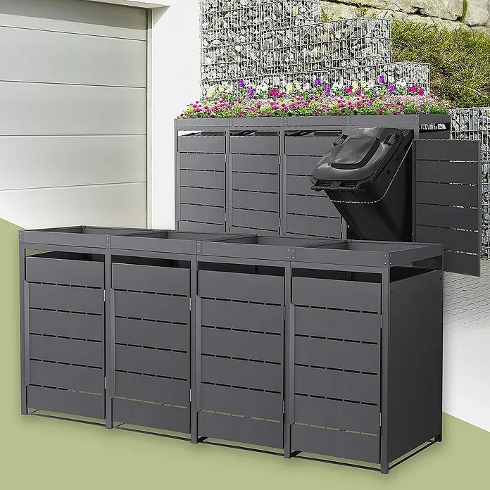 ML-Design Mülltonnenbox Mülltonnencontainer mit Pflanzdach für 4 Tonnen 120 oder 240 Liter - 80 x 80 cm, Stahl, Anthrazit, Geeignet für Anzahl Mülltonnen: 4 Stk. - Mülltonnenbox aus anthrazitfarbenem Metall mit Pflanzschalen und Lamellentüren, die eine stilvolle Mülltonnenaufbewahrung ermöglicht.