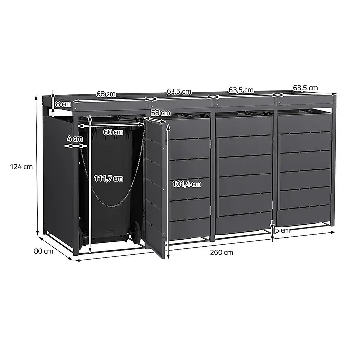 ML-Design Mülltonnenbox Mülltonnencontainer mit Pflanzdach für 4 Tonnen 120 oder 240 Liter - 80 x 80 cm, Stahl, Anthrazit, Geeignet für Anzahl Mülltonnen: 4 Stk. - Ansicht eines grauen Mülltonnenbox-Systems für drei Mülltonnen mit Größenangaben.