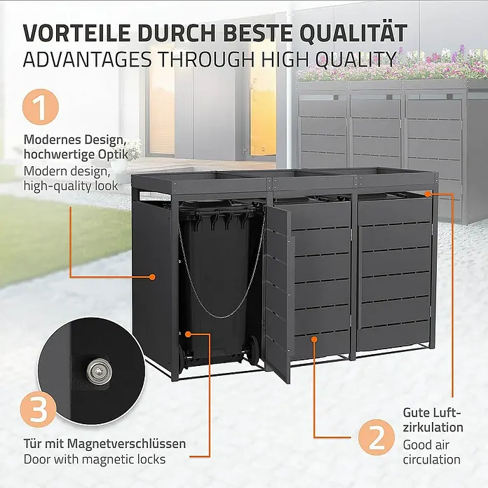 ML-Design Mülltonnenbox Mülltonnencontainer mit Pflanzdach für 3 Tonnen 120 oder 240 Liter - 80 x 80 cm, Stahl, Anthrazit, Geeignet für Anzahl Mülltonnen: 3 Stk. - Mülltonnenbox mit den Vorteilen wie modernes Design, gute Luftzirkulation und Tür mit Magnetverschlüssen.