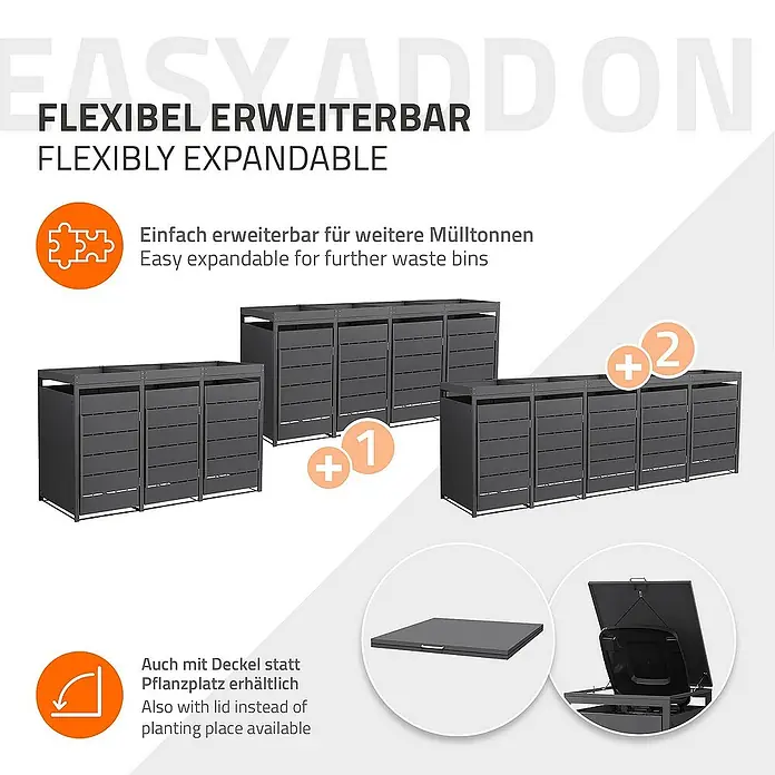 ML-Design Mülltonnenbox Mülltonnencontainer mit Pflanzdach für 3 Tonnen 120 oder 240 Liter - 80 x 80 cm, Stahl, Anthrazit, Geeignet für Anzahl Mülltonnen: 3 Stk. - Das Bild zeigt eine flexible, erweiterbare Mülltonnenbox in verschiedenen Größen, die durch zusätzliche Module ergänzt werden kann.