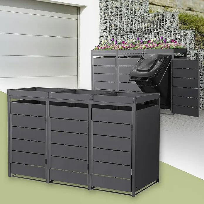 ML-Design Mülltonnenbox Mülltonnencontainer mit Pflanzdach für 3 Tonnen 120 oder 240 Liter - 80 x 80 cm, Stahl, Anthrazit, Geeignet für Anzahl Mülltonnen: 3 Stk. - Mülltonnenboxen in Anthrazit mit Pflanzkasten, zur stilvollen Aufbewahrung von Mülltonnen im Außenbereich. Praktisch und dekorativ.