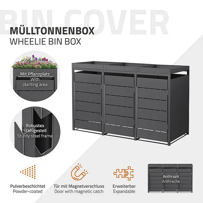 ML-Design Mülltonnenbox Mülltonnencontainer mit Pflanzdach für 3 Tonnen 120 oder 240 Liter - 80 x 80 cm, Stahl, Anthrazit, Geeignet für Anzahl Mülltonnen: 3 Stk. - Bild einer anthrazitfarbenen Mülltonnenbox mit Bepflanzungsmöglichkeit und pulverbeschichteter Oberfläche, Tür mit Magnetverschluss und erweiterbar.