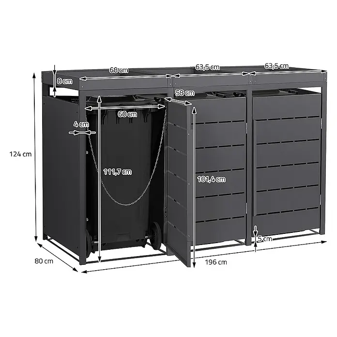 ML-Design Mülltonnenbox Mülltonnencontainer mit Pflanzdach für 3 Tonnen 120 oder 240 Liter - 80 x 80 cm, Stahl, Anthrazit, Geeignet für Anzahl Mülltonnen: 3 Stk. - Eine graue Mülltonnenbox für drei Tonnen mit Maßangaben.