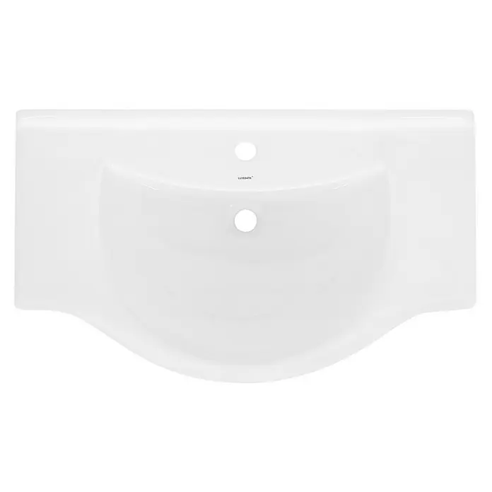 LuxeBath Einbauwaschbecken Handwaschbecken Weiß inkl. Ablaufgarnitur mit Überlauf - Hahnloch: Links, Ohne Überlauf, Weiß, Silber - Weiße Waschbecken-Draufsicht mit zwei Löchern, perfekt für moderne Badezimmer. Die elegante Form und das glatte Design machen es zu einem Blickfang.