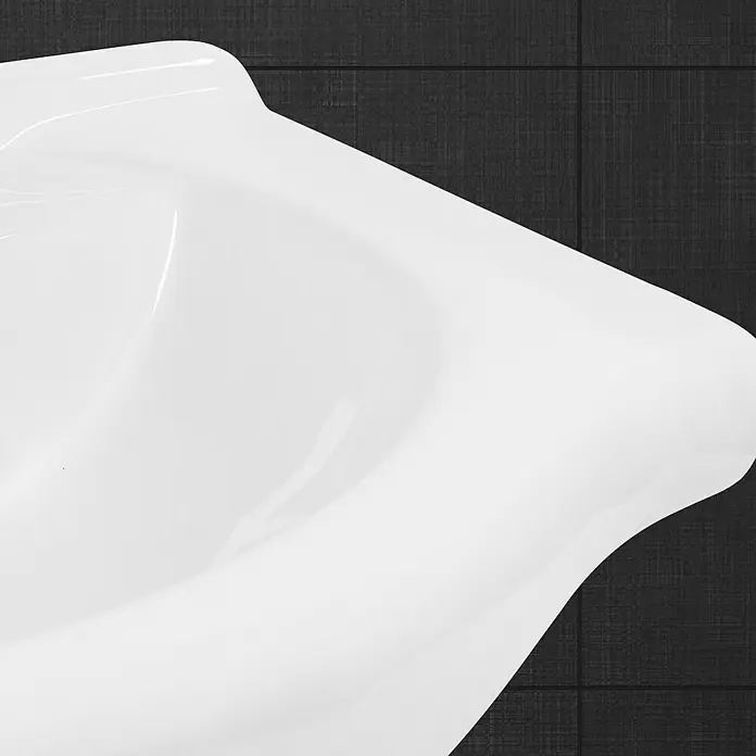 LuxeBath Einbauwaschbecken Handwaschbecken Weiß inkl. Ablaufgarnitur mit Überlauf - Hahnloch: Links, Ohne Überlauf, Weiß, Silber - Detailaufnahme eines modernen, weißen Waschbeckens mit glänzender Oberfläche vor dunklem Hintergrund.